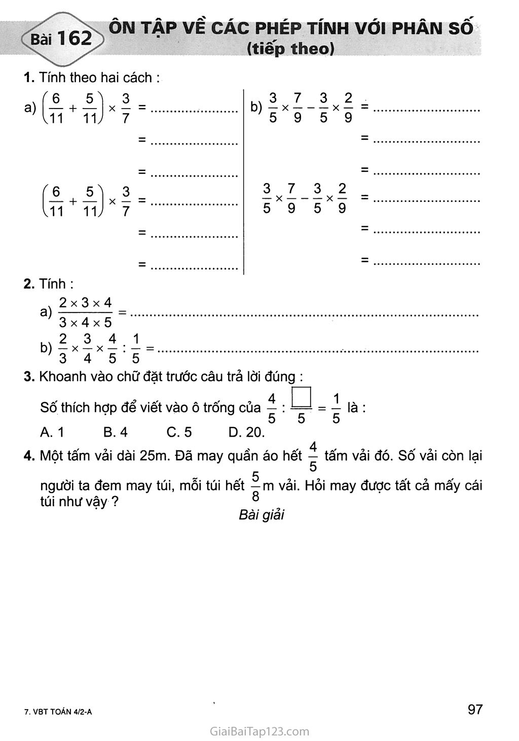 Bài 162: Ôn tập về các phép tính với phân số (tiếp theo) trang 1