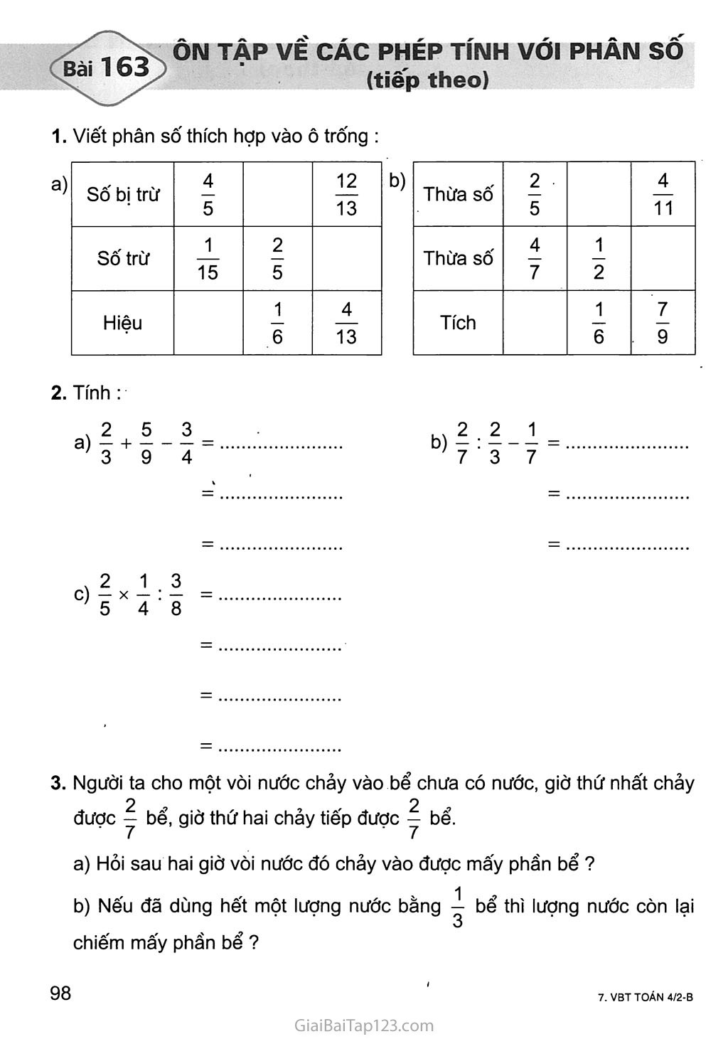 Bài 163: Ôn tập về các phép tính với phân số (tiếp theo) trang 1