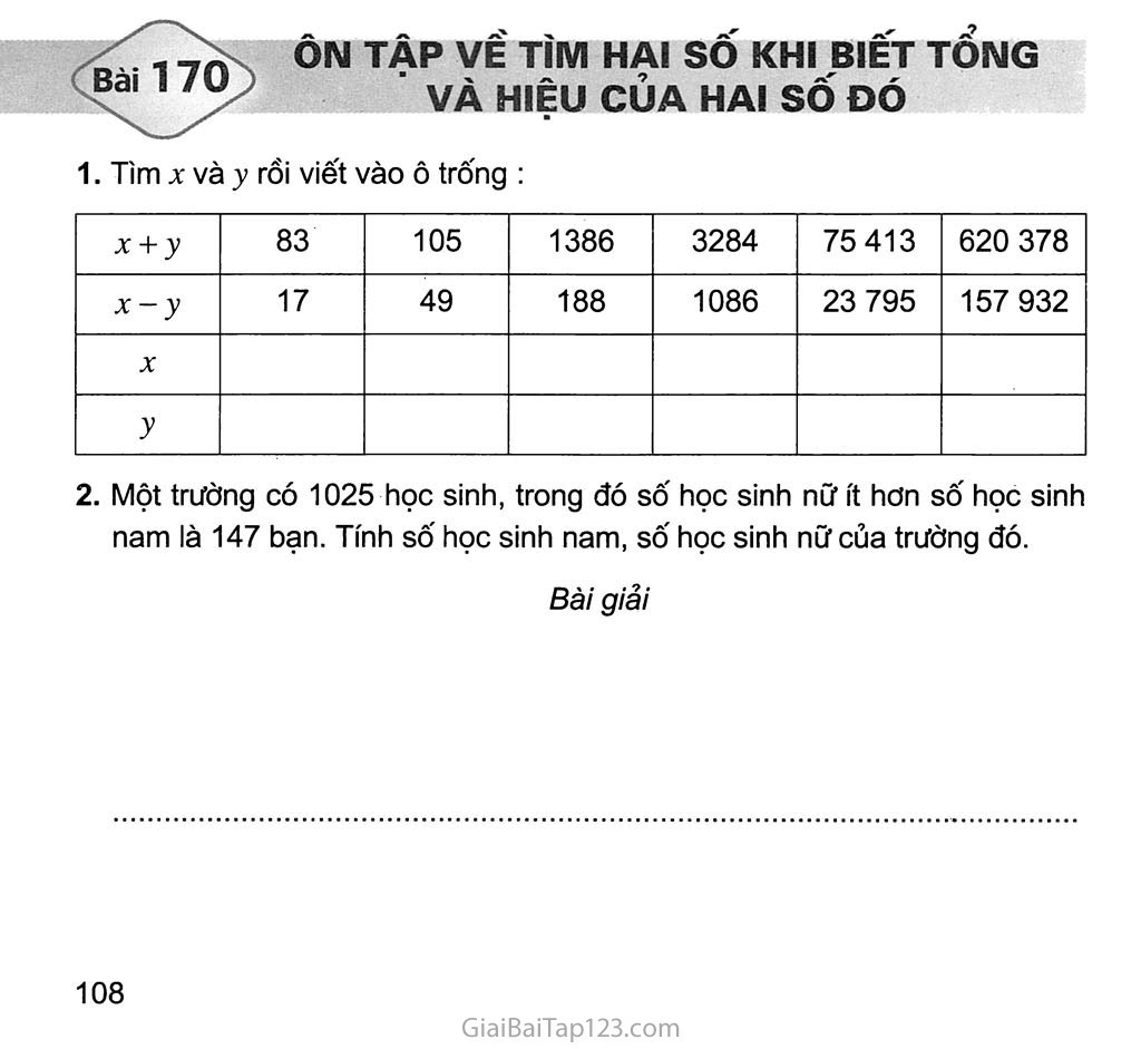 Bài 170: Ôn tập về tìm hai số khi biết tổng và hiệu của hai số đó trang 1