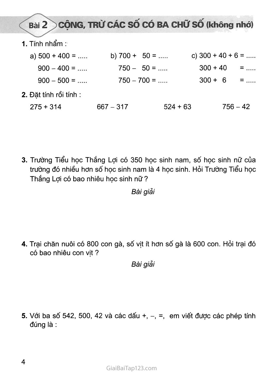 Bài 2: Cộng, trừ các số có ba chữ số (không nhớ) trang 1