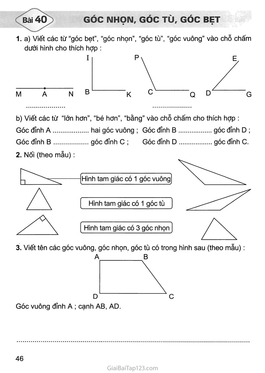 Bài 40 Góc nhọn góc tù góc bẹt  VBT Toán 4  Sách Toán  Học toán