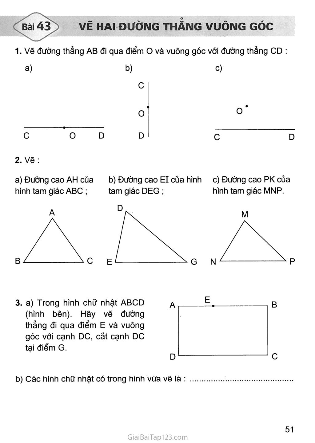 SGK Vở bài tập Toán 4 - Bài 43. Vẽ hai đường thẳng vuông góc