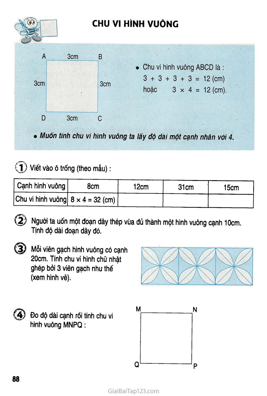 Các bài tập tính diện tích hình vuông Toán lớp 3 sgk sách bài tập