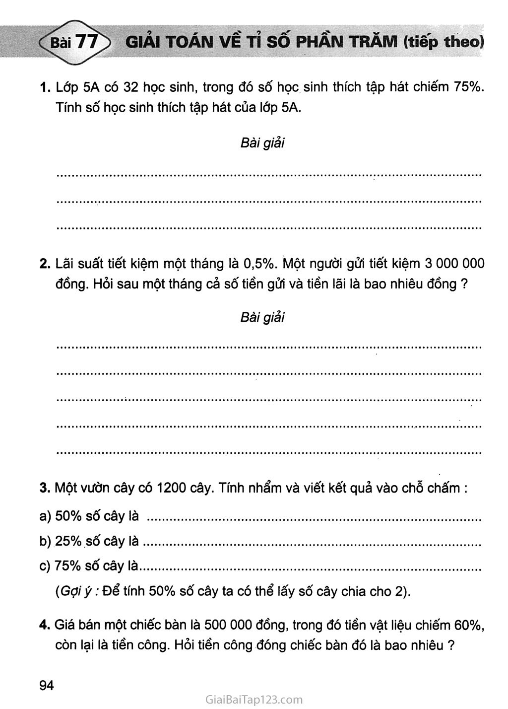 Bài 77. Giải bài toán về tỉ số phần trăm (tiếp theo) trang 1