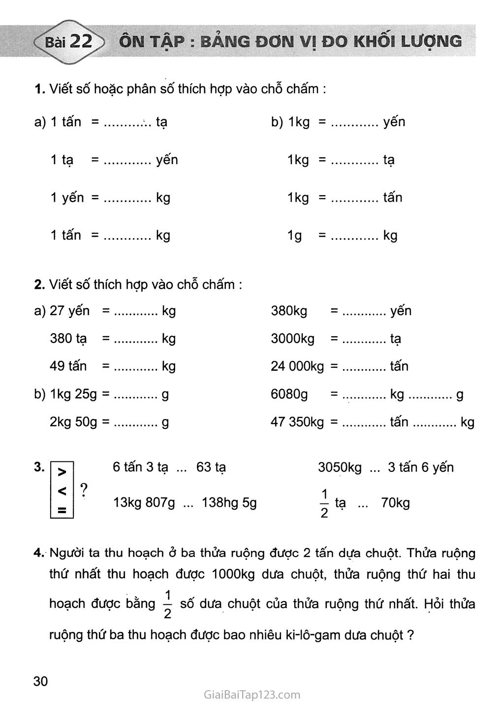 Bài 22. Ôn tập: Bảng đơn vị đo khối lượng trang 1