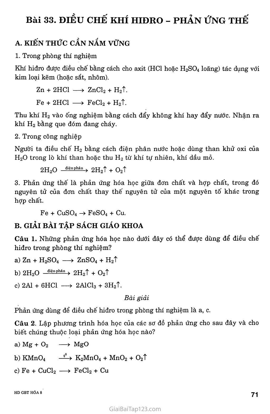 Bài 33: Điều chế khí hiđro - Phản ứng thế trang 1