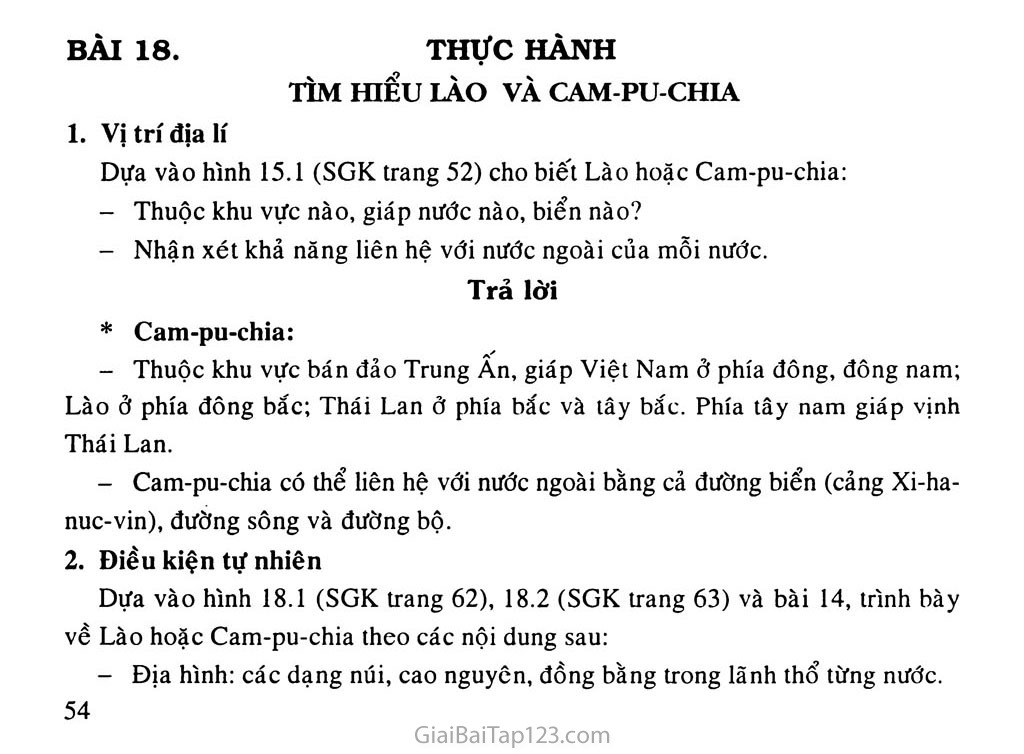 Bài 18. Thực hành: Tìm hiểu Lào và Cam - pu - chia trang 1