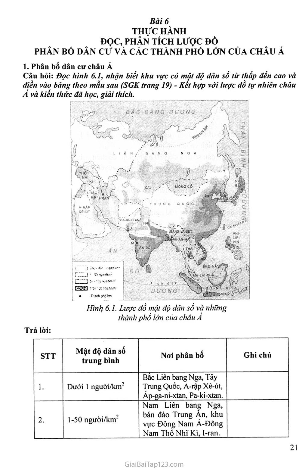 Bài 6. Thực hành: Đọc, phân tích lược đồ phân bố dân cư và các thành phố lớn của châu Á trang 1